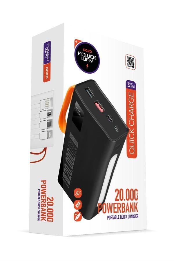 [QC20 (SİYAH)] Powerway QC20 20.000 MAH PD 22.5W Dahili Kablolu Hızlı Şarj LED Işıklı Powerbank (SİYAH)