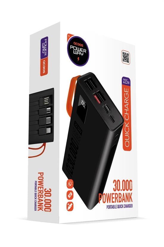 Powerway QC30S Siyah 30.000 Mah PD 22.5W Dahili Kablolu Hızlı Şarj Led Işıklı Powerbank