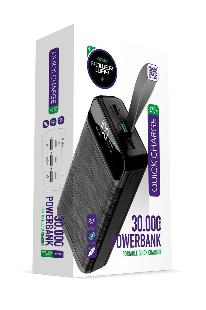 [QC30 (SİYAH)] Powerway QC30 30.000 MAH PD 22.5W Hızlı Şarj LED Işıklı Powerbank (SİYAH)