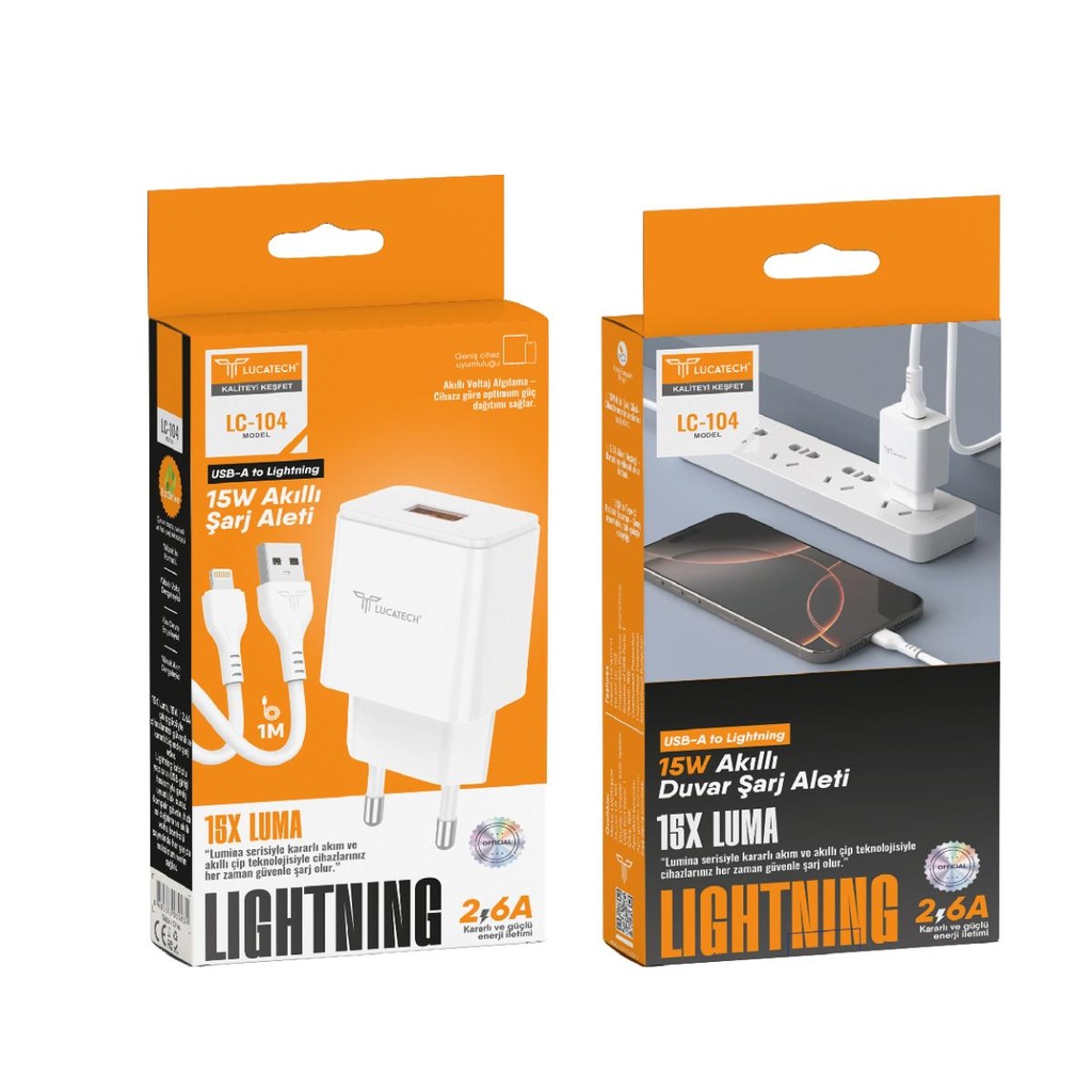 [LC-104] Lucatech LC-104 15W, 2.6A , Lightning Kablolu Şarj Cihazı