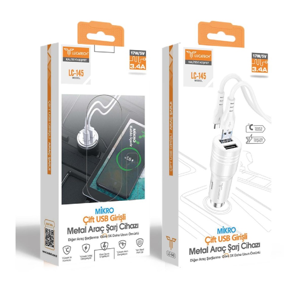 Lucatech LC-145 17W, 3.4A, 2XUSB Metal, 1mt Micro USB Kablolu Araç Şarj