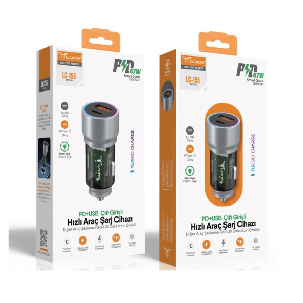 Lucatech LC-155 67W, PD+USB Turbo Araç Şarj Başlığı