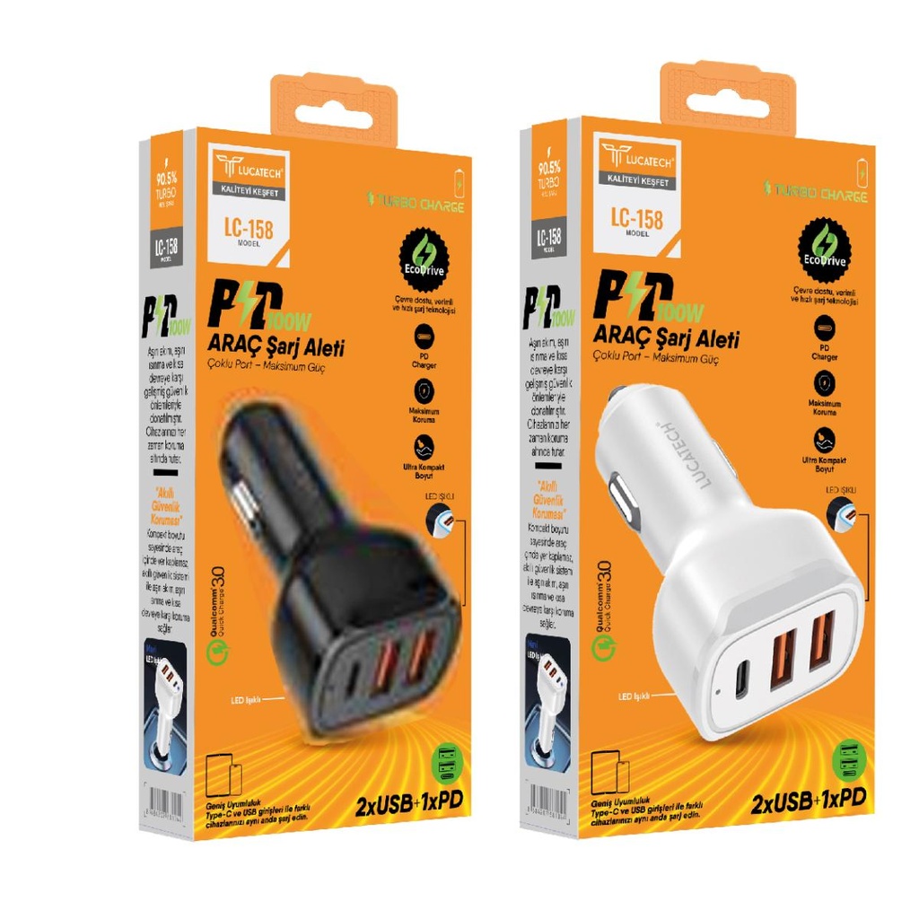 Lucatech LC-158 100W, 2X USB + 1X PD Turbo Araç Şarj Başlığı