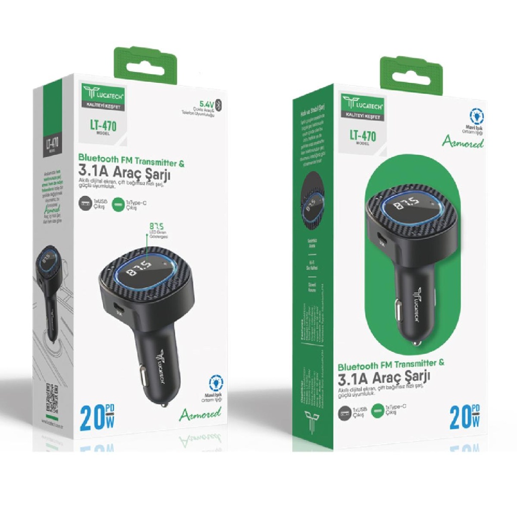 Lucatech LT-470 Bluetooth FM Transmitter & 3.1A AraÃ§ Åarj CihazÄ±
