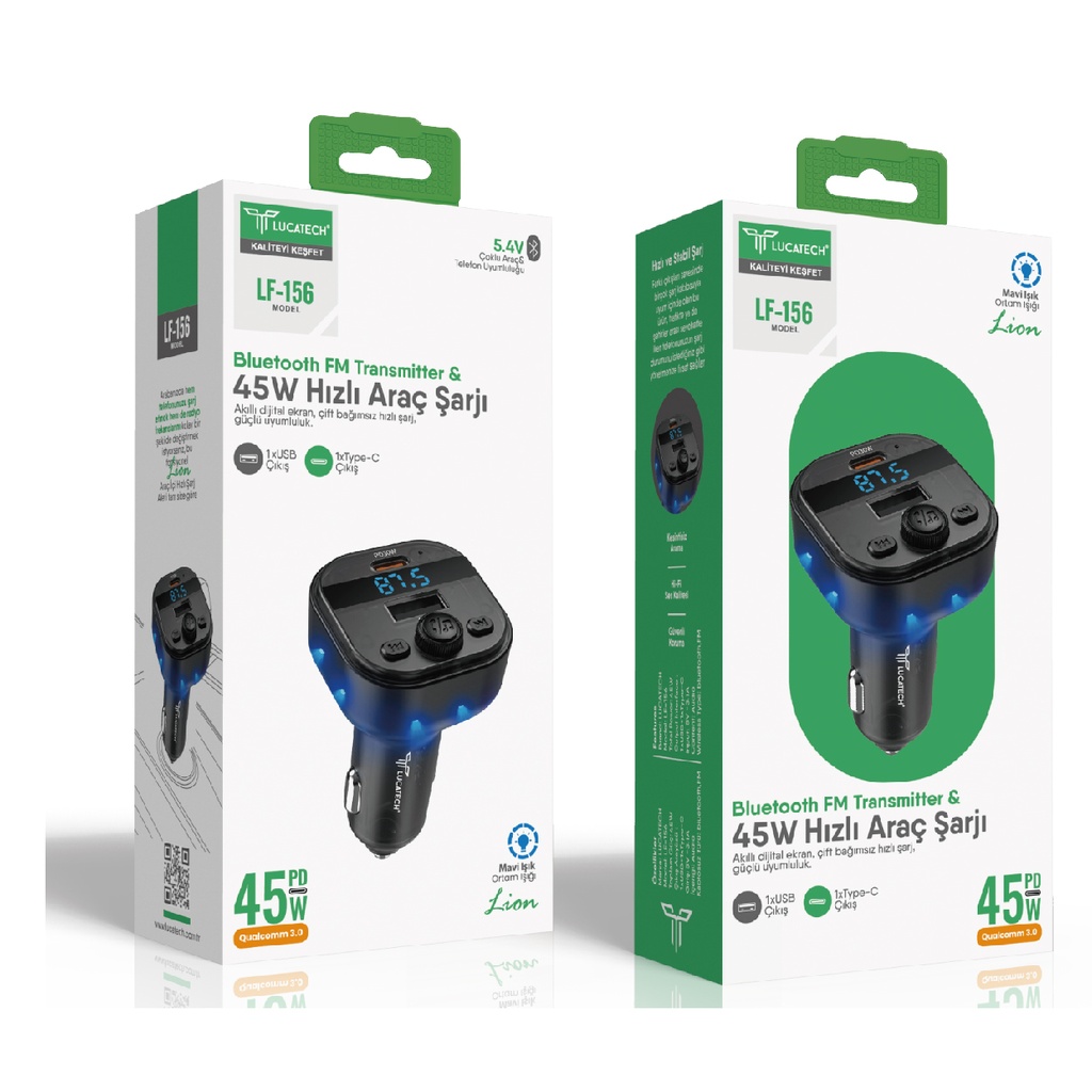 Lucatech LT-156 45W PD, 1xUSB, 1xPD Çıkış FM Transmitter Lion