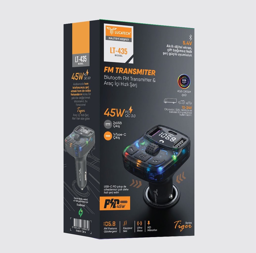 Lucatech LT-435 Bluetooth FM Transmitter & 45W HÄ±zlÄ± AraÃ§ ÅarjÄ±