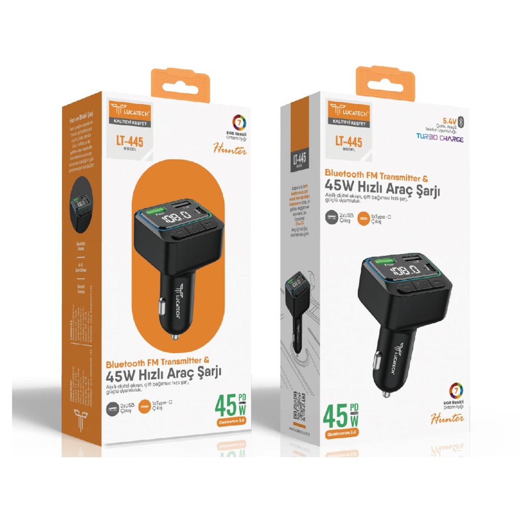 Lucatech LT-445 45W PD, 2xUSB, 1xPD Çıkış FM Transmitter Hunter