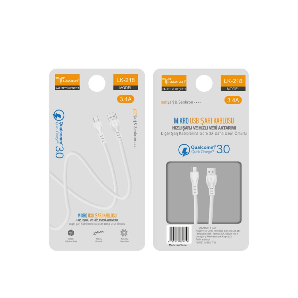 [LK-218] Lucatech LK-218 3.4A, 20W 1mt Micro USB USB Şarj Kablosu