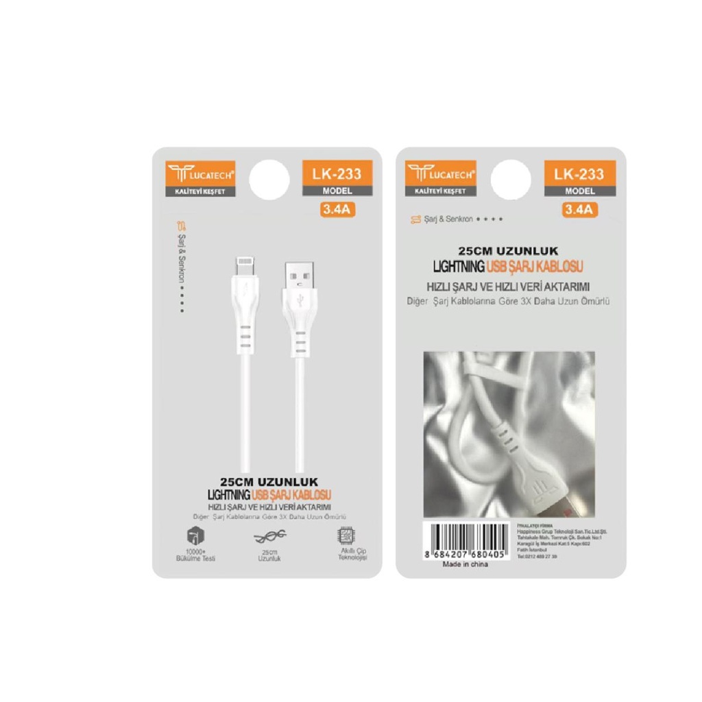 [LK-233] Lucatech LK-233 3.4A, 20W 25cm Lightning USB Şarj Kablosu