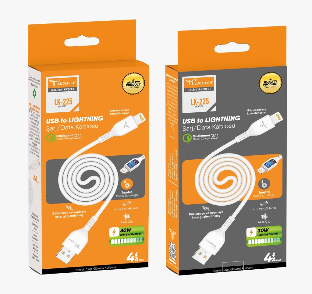[LK-225] Model: LK-225 | 4.A 30W, 1mt Lightning USB Şarj Kablosu