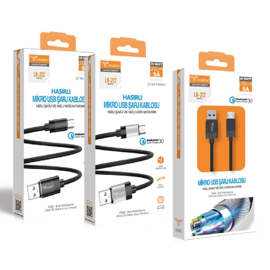 [LK-212] Lucatech LK-212 5A, 25W 1mt MİCRO Örgü USB Şarj Kablosu