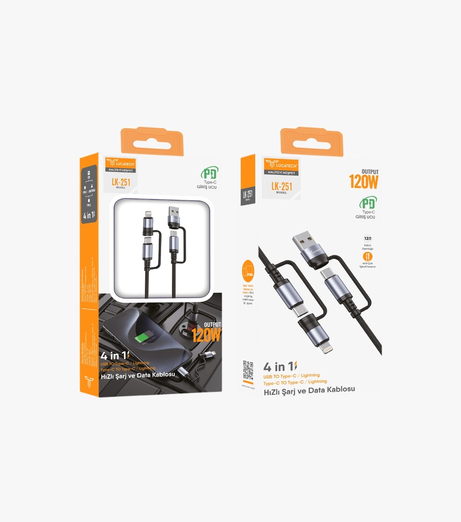 [LK-251] Lucatech LK-251 PD 4n1, 120W 1mt Lightning Şarj Kablosu