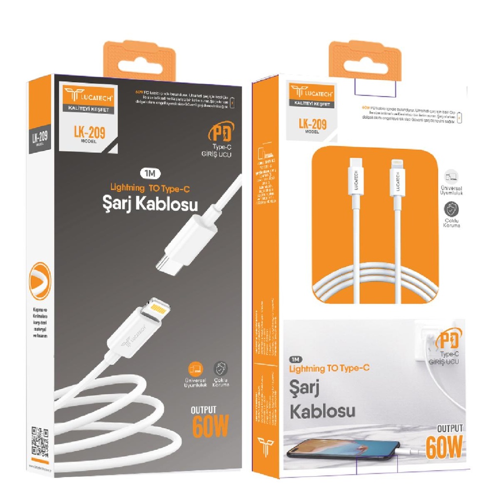[LK-209] Model: LK-209 | PD 3A, 60W, 1mt Lightning Şarj Kablosu