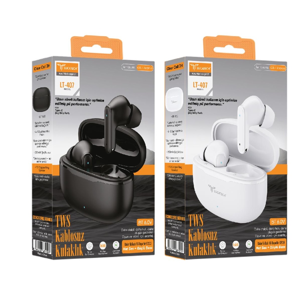 [LT-407] Lucatech LT-407 BLUETOOTH 6.0V TWS Wireless Kulaklık Siyah ve Beyaz renk seçenekleryle