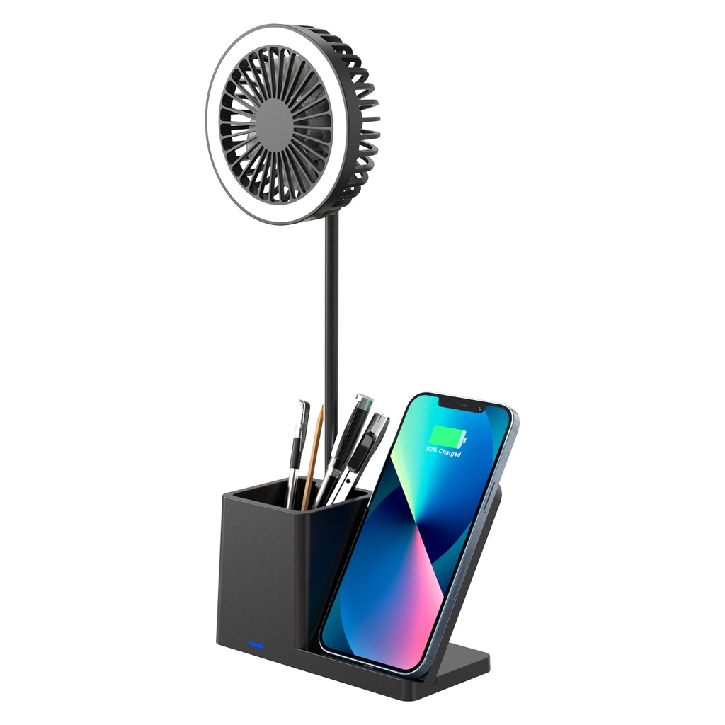 [39207] S-link SL-M9055 Siyah TypeC 10W Kablosuz Şarj Cihazı Fanlı Kalemlikli Masa Lambası