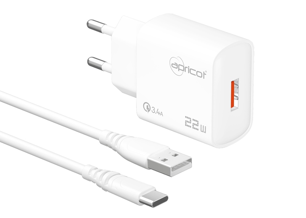 Apricot APC-U422T 22W TYPE-C Kablolu Beyaz Hızlı Ev Şarj Adaptörü Set