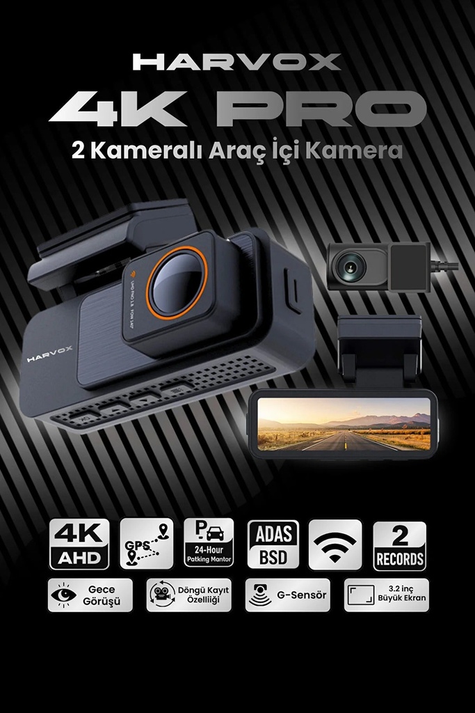 Fastycep Araç İçi Kamera 4K HD Görüntü WiFi GPS ADAS Özellikli Yapay Zekalı 24 Saat Çalışma Gece Görüşlü G-Sensör