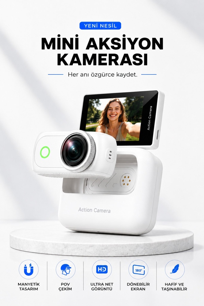 Fastycep 4K Ultra HD Hareketli Ekranlı Profesyonel Aksiyon Kamerası Manyetik Tutuş Flip Ekran Full Aparat