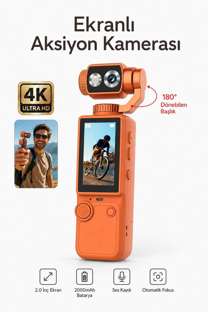 Fastycep 4K Ultra HD Mini Aksiyon Kamerası 2.0 inç Ekranlı Mikrofon Destekli Oto Fokus Özellikli 180° Döner Başlıklı Vlog