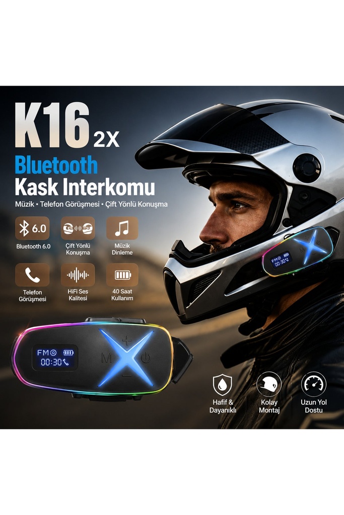 Fastycep K16 2X Bluetooth Motosiklet Kask Interkomu Bluetooth 6.0 Çift Yönlü Konuşma Müzik Dinleme Telefon