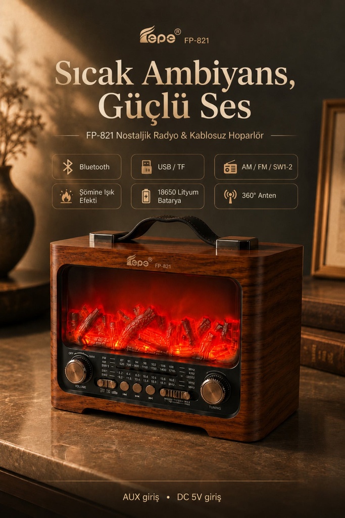 Fastycep FP-821 Şömine Görünümlü FM Radyo & Bluetooth Hoparlör