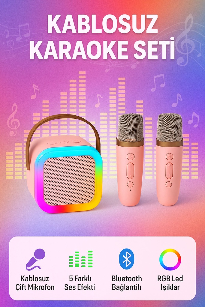 Fastycep Mikrofonlu Karaoke Bluetooth Hoparlör Rgb Led Işıklı 5 Efektli Ses Bombası