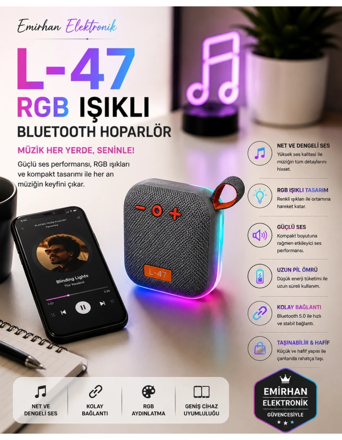 Fastycep L-47 RGB Işıklı Bluetooth Hoparlör | Taşınabilir Kablosuz Speaker USB TF Kart Destekli Şık Tasarım