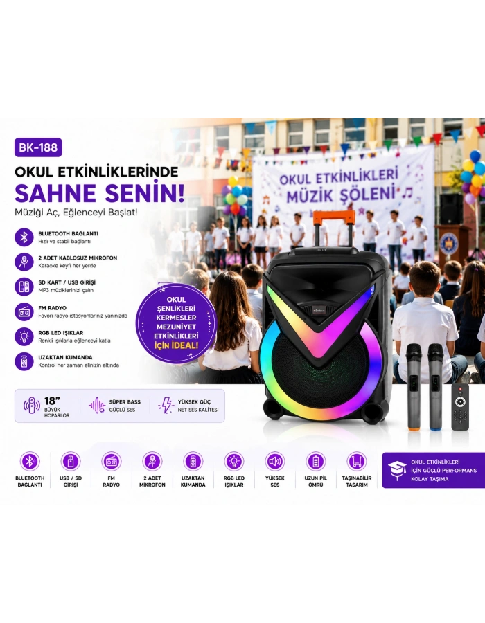 Fastycep BK-188 18 İnç Bluetooth Party Hoparlör | Çift Kablosuz Mikrofonlu RGB Işıklı Etkinlik ve Karaoke Ses Sistemi