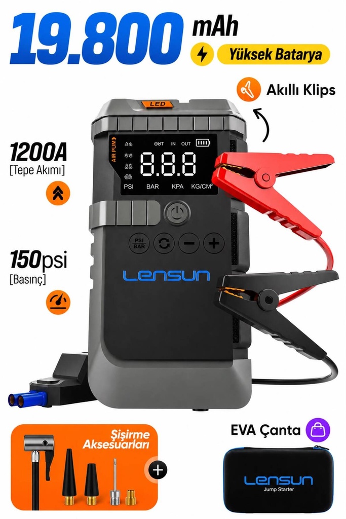 Fastycep NSUN T-Life Jump Starter 19800 mAh Akü Takviyeli Hava Kompresörü LENSUN LS 99