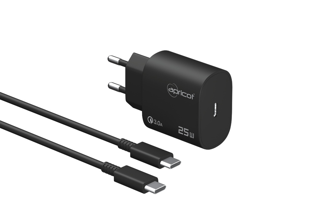 [40215] Apricot APC-U425T/B 25W PD Type-C Kablolu Siyah Hızlı Ev Şarj Adaptörü Set