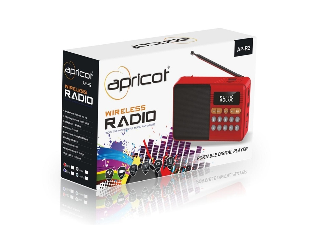 [40698] Apricot AP-R2 Kırmızı/Gri/Yeşil/Mavi Renkli 3 Watt USB/TF/AUX/BT Bluetooth Radyo