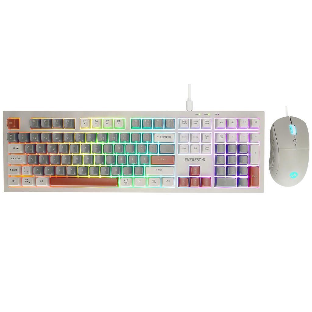 [40633] Everest KM-77 Runa Gri/Krem/Kahve Usb Rainbow Aydınlatmalı Sessiz Q Klavye + Mouse Set