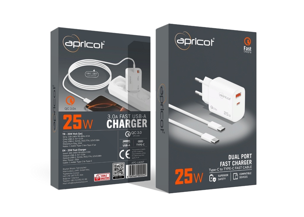 [40408] Apricot APC-U426T 25Watt USB + PD Çıkışlı Type-C Kablolu Beyaz Hızlı Şaej Seti