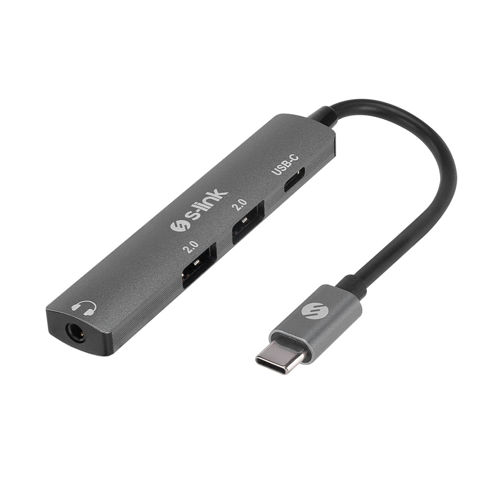 [41160] S-link SWV-USBC024 4 in 1 Gri Metal TypeC to 2*USB2.0 USB-C, 3.5mm Aux Port Type C Adaptör