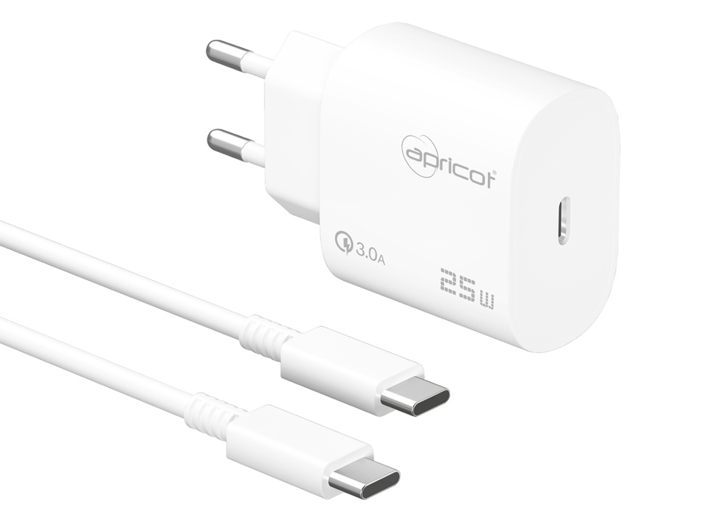 [39980] Apricot APC-U425T 25W PD Type-C Kablolu Beyaz Hızlı Ev Şarj Adaptörü Set