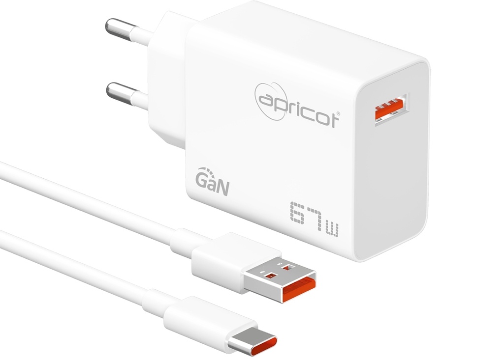 [39985] Apricot APC-U467 67W GaN TYPE-C Kablolu Beyaz EV/NOTEBOOK Şarj Adaptörü Set
