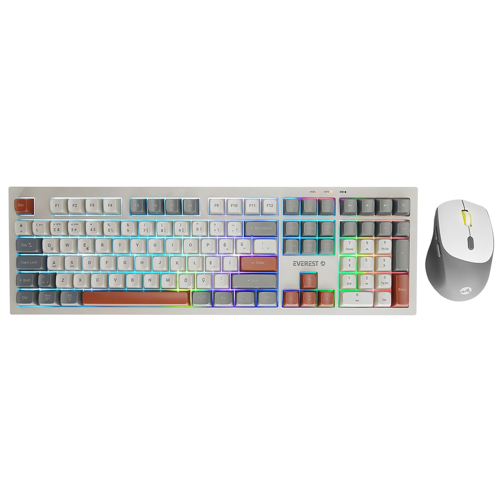 [40632] Everest KM-78 Rena Krem/Gri/Kahve Kablosuz 2.4 + BT RGB Aydınlatmalı Sessiz Q Su Sıçramasına Dayanıklı Klavye + Mouse Se