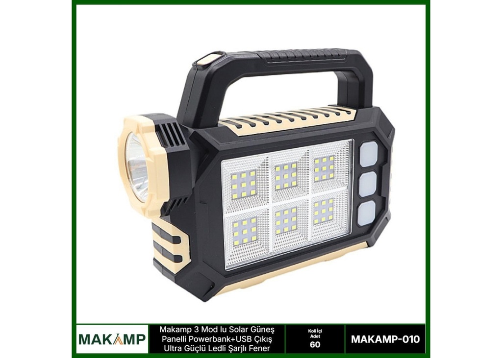 [41450] Makamp MAKAMP-010 3 Mod lu Solar Güneş Panelli Powerbank + Usb Çıkış Ultra Güçlü Şarjlı Fener