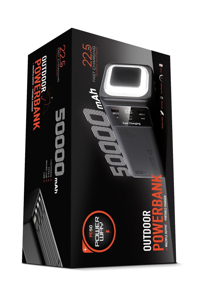 [PD50] Powerway 50.000 MAH PD 22.5W Hızlı Şarj Dahili Kablolu Kamp Taşınabilir Güç Kaynağı PD50 Powerbank (SİYAH)