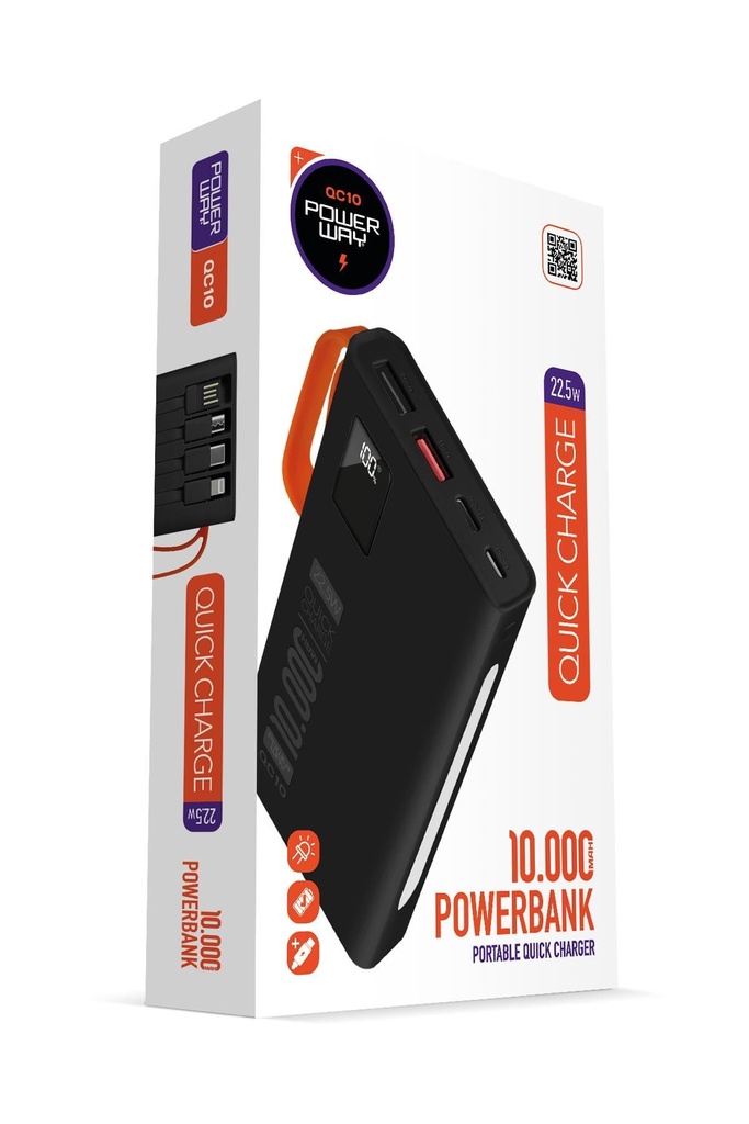 Powerway QC10 10.000 MAH PD 22.5W Dahili Kablolu Hızlı Şarj LED Işıklı Powerbank (SİYAH)