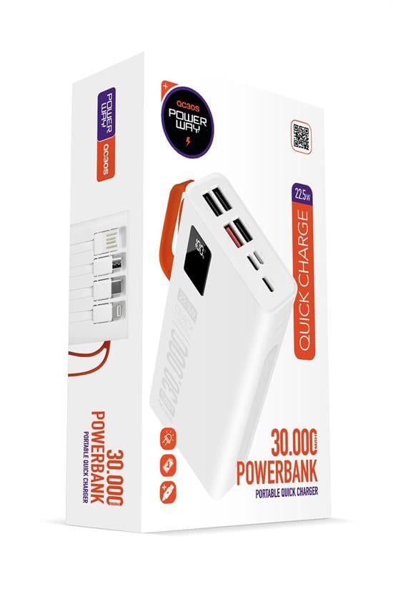 [QC30S] Powerway QC30S 30.000 MAH PD 22.5W Dahili Kablolu Hızlı Şarj LED Işıklı Powerbank
