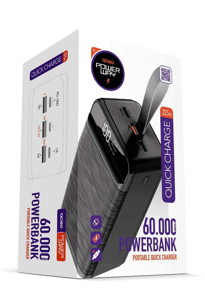 Powerway QC60 Beyaz 60.000 Mah PD 22.5W Hızlı Şarj Led Işıklı Powerbank
