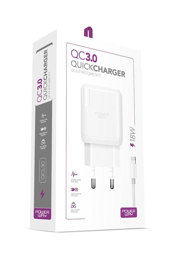 [QCL30] Powerway QCL30 iPhone 18W Hızlı Şarj Lightning Şarj Cihazı (Kablo Dahil)