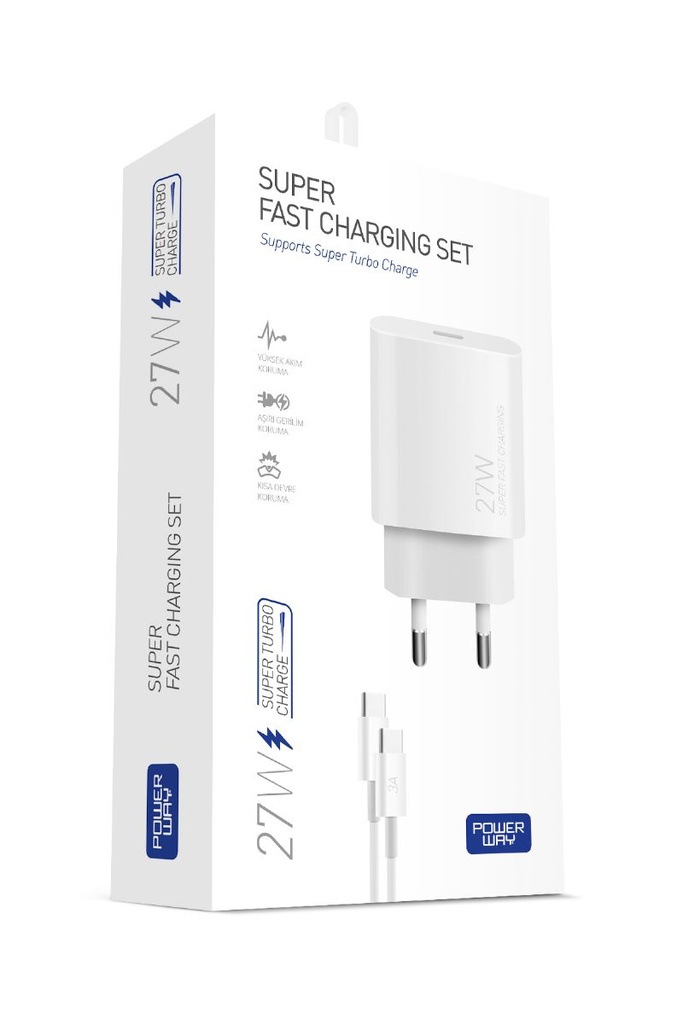 [S25S] Powerway PD 27W TYPE-C QC 3.0 Süper Hızlı Şarj Aleti Seti S25S Adaptör ve Kablo