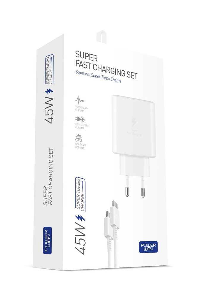 [S45S] Powerway PD 45W TYPE-C QC 3.0 Süper Hızlı Şarj Aleti Seti S45S Adaptör ve Kablo