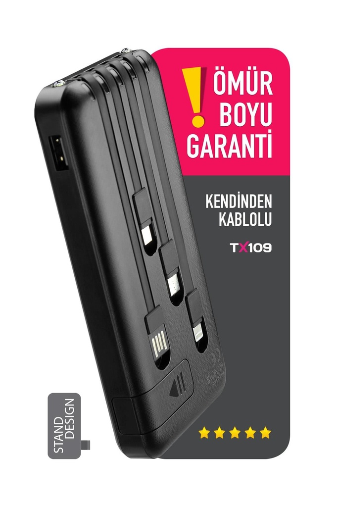 Powerway TX109 10.000 MAH Dijital Göstergeli Ekstra Kablolu Dahili Stand Powerbank (SİYAH)
