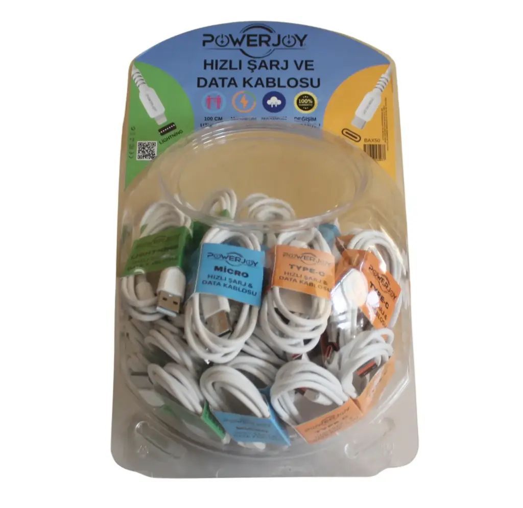 PowerJoy Bax50 10 Micro USB + 20 USB-C + 20 Lightning = 50 Adet Hızlı Şarj Ve Data Kablosu
