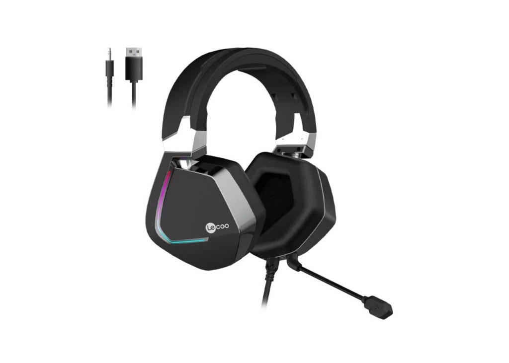 [41128] Lecoo HT402 USB + 3.5mm Jack Kablolu RGB LED Aydınlatmalı Çıkartılabilir Mikrofonlu Kulak Üstü Gaming Kulaklık Siyah