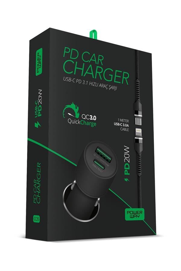 [CC35] Powerway CC35 Araç İçi Çakmaklık Hızlı Şarj Cihazı 27W PD QC 3.0 TYPE-C USB Çıkışlı + Lightning Kablo