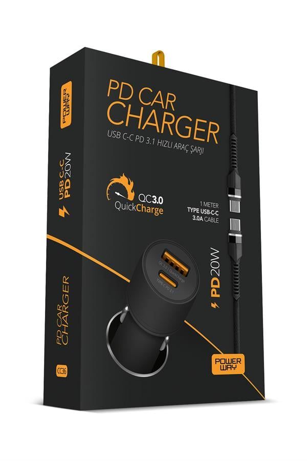 [CC36] Powerway CC36 Araç İçi Hızlı Şarj Cihazı 30W PD QC 3.0 Type-C USB Çıkışlı + Type-C Şarj Kablosu